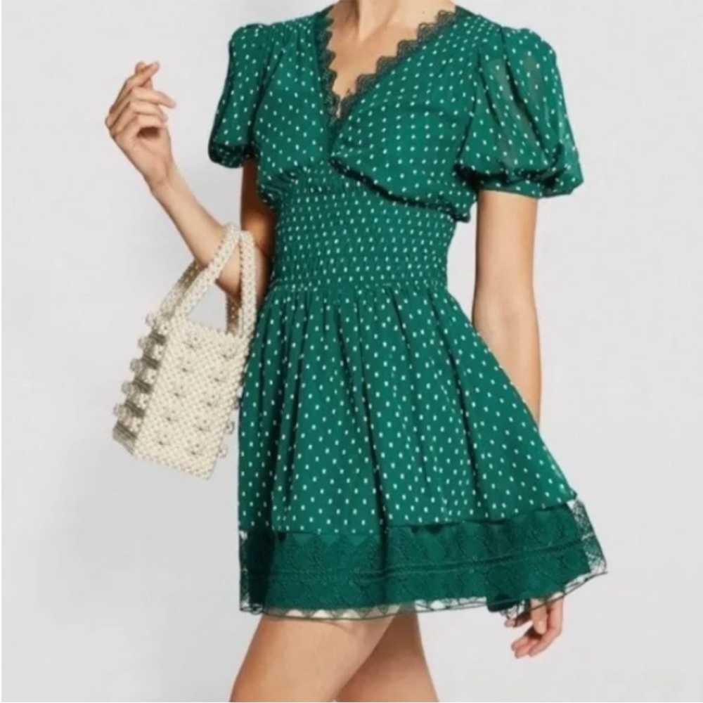 Self Portrait Green Plumetis Puff Sleeve Mini Dress Sz 2 Polka Dots Smocked DESC